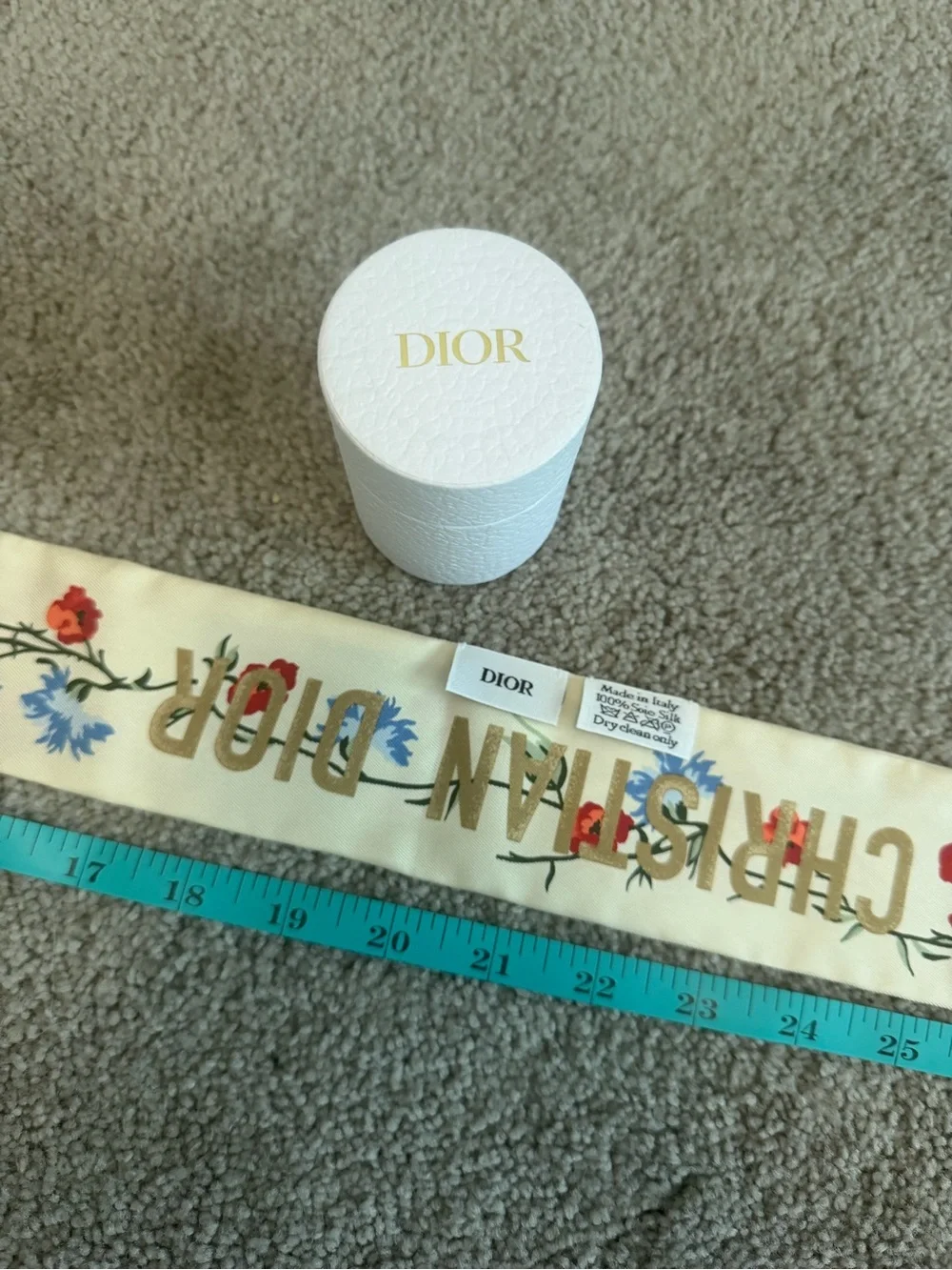 Dior Cream Silk Floral Bow Scarf with Red & Blue Blooms w/COA
